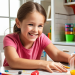 **A cheerful child, about 8 years old, is happily engaged in a hands-on science experiment at a table in their brightly lit home. Their mom is smiling and helping them, with educational materials scattered around. The scene should convey a sense of personalized learning and fun.**