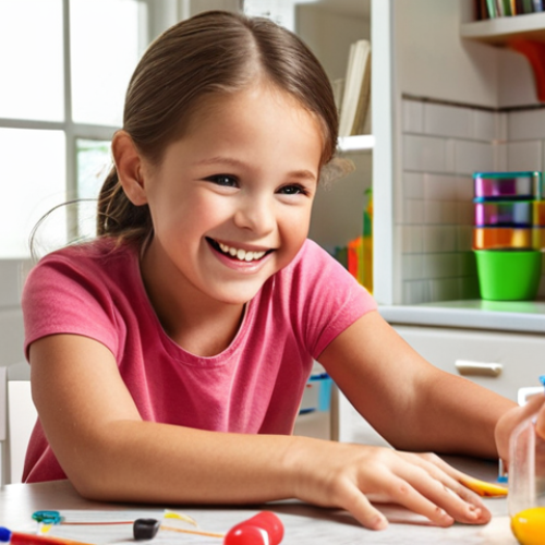 **A cheerful child, about 8 years old, is happily engaged in a hands-on science experiment at a table in their brightly lit home. Their mom is smiling and helping them, with educational materials scattered around. The scene should convey a sense of personalized learning and fun.**