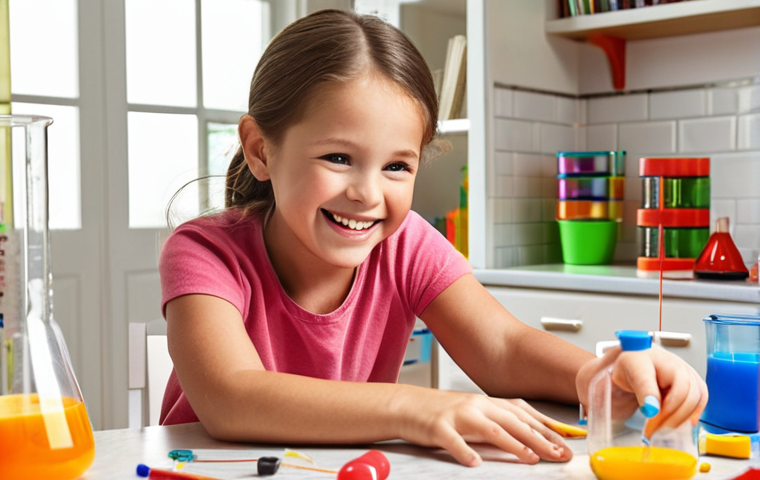 **A cheerful child, about 8 years old, is happily engaged in a hands-on science experiment at a table in their brightly lit home. Their mom is smiling and helping them, with educational materials scattered around. The scene should convey a sense of personalized learning and fun.**